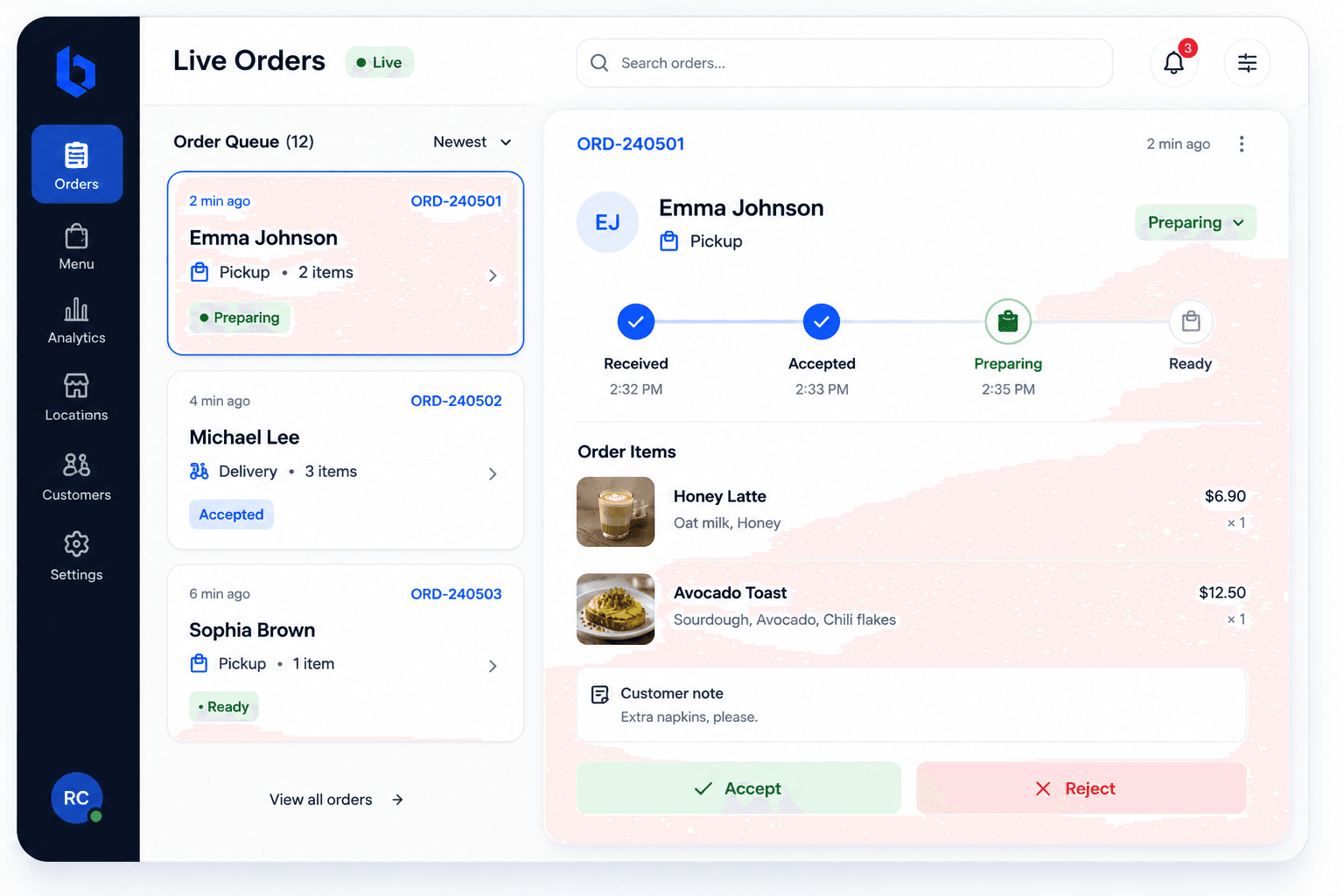 BranchOrbit live order workflow on a restaurant counter display